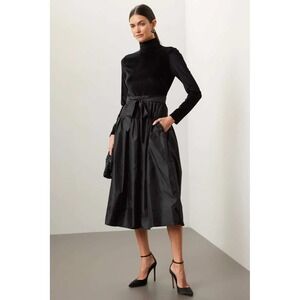LDT Raquel Turtleneck Midi Dress‎ 4 Black Velvet Fit Flare Party Goth Wednesday